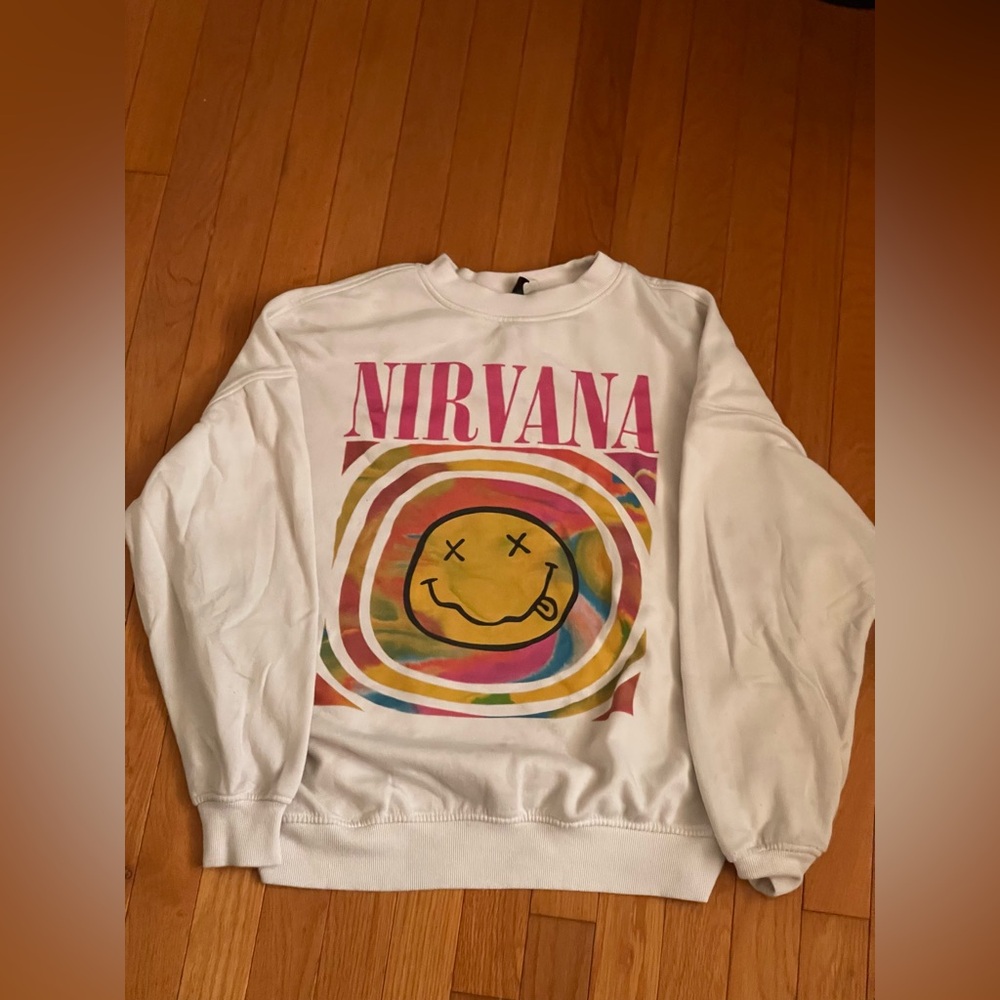 Nirvana white sweater, from H&M with colorful design in the middle, size XS